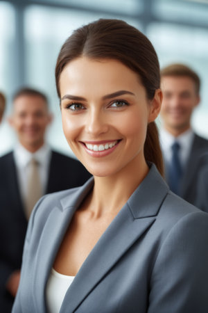 Businesswoman smiling standing in front of the teamの素材