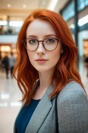 Portrait of a woman with red hair and glasses in a shopping mallの素材