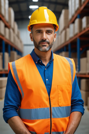 Warehouse workers wearing reflective vests and hard hatsの素材