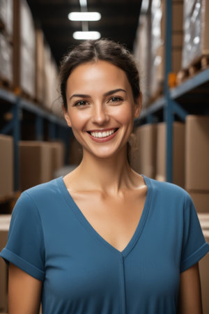Portrait of smiling woman in warehouseの素材