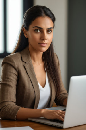 Businesswoman using laptop in officeの素材