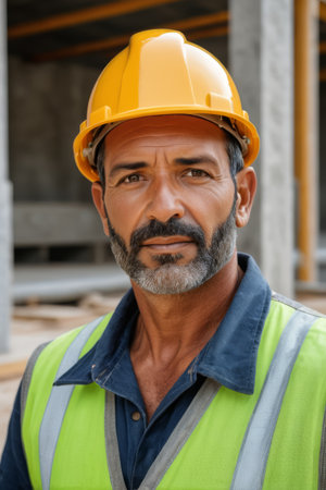 Close up of construction site worker wearing hard hatの素材
