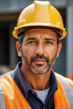 Close up of male worker wearing hard hatの素材