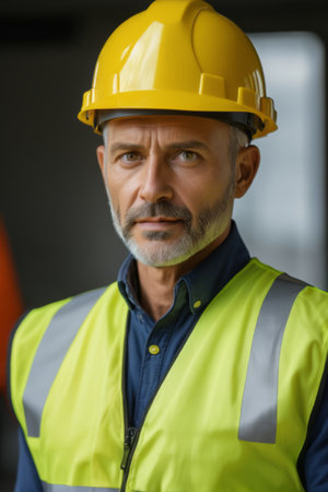 Portrait of a worker wearing a hard hat and reflective vestの素材