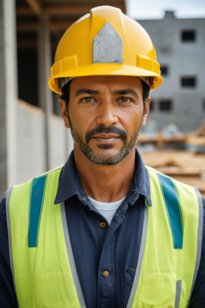 Close up of construction workers in safety gearの素材