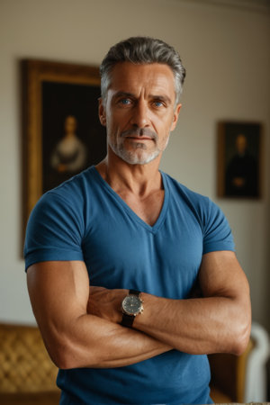 Portrait of man with arms crossed in blue T shirtの素材