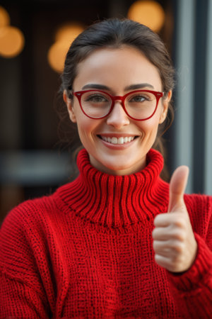 Portrait of Woman in Red Smiling Thumbs Upの素材