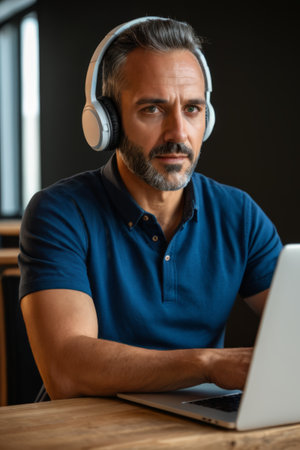 Man with headphones using laptopの素材