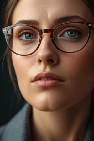 Close up of a woman's face wearing glassesの素材