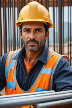 Close up of construction workers wearing safety equipmentの素材