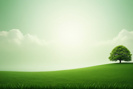 Green meadows and solitary trees natural landscapeの素材