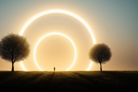 Silhouette of people in the fields against the lightの素材