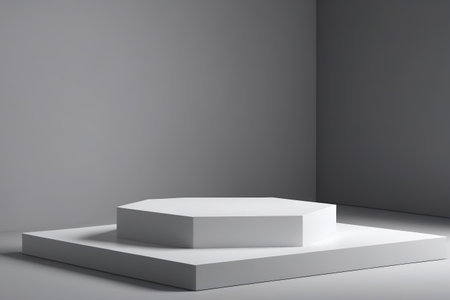 White hexagonal display stand on a gray backgroundの素材