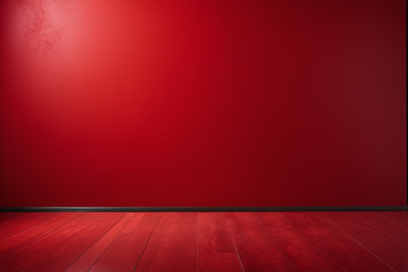 Red background with wooden floor sceneの素材