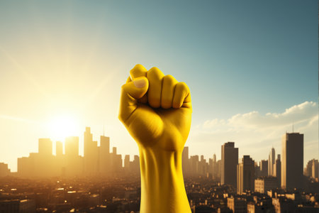 Close up of fist gesture in urban contextの素材