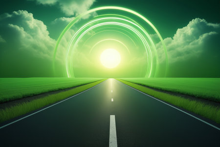 Green road leads to luminous circular landscapeの素材