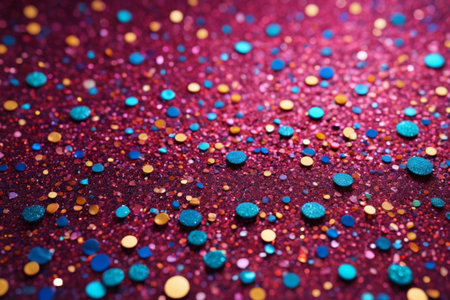 Colorful sequins scattered on a purple backgroundの素材