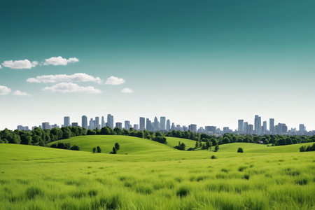 Green grass and skyline on the edge of the cityの素材