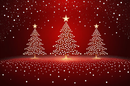 Three Christmas trees on a red background in snowの素材