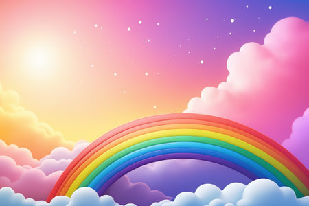 A dreamy scene of rainbows and clouds in the skyの素材