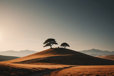 Two trees on a hill and a vast fieldの素材
