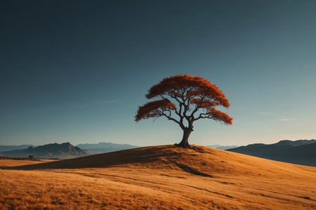 Lonely trees on the hills and distant mountain sceneryの素材