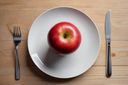 Red apple on wooden table with knife and forkの素材