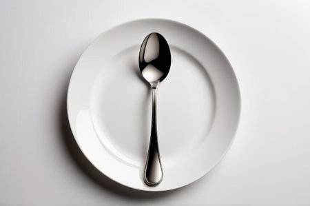 Metal spoon on white plateの素材