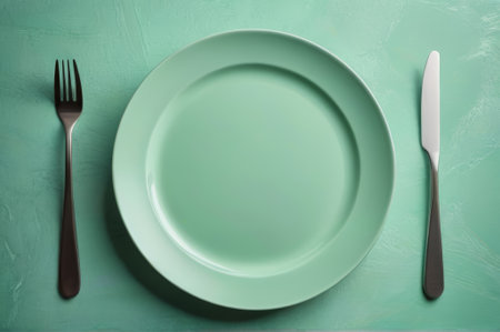 Light green dinner plate with knife and fork still lifeの素材