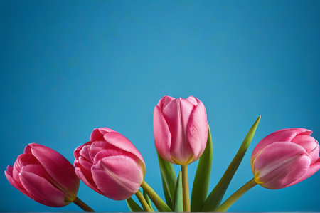 Pink tulips on a blue backgroundの素材