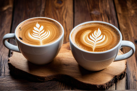 Two cups of latte art on a wooden tableの素材