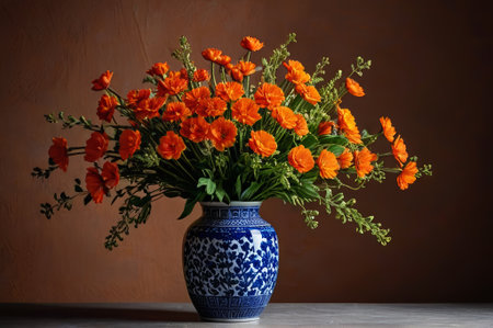 Orange flowers in a blue and white porcelain bottleの素材