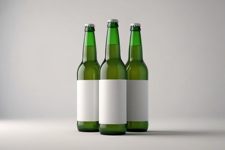 Close up of three green beer bottlesの素材