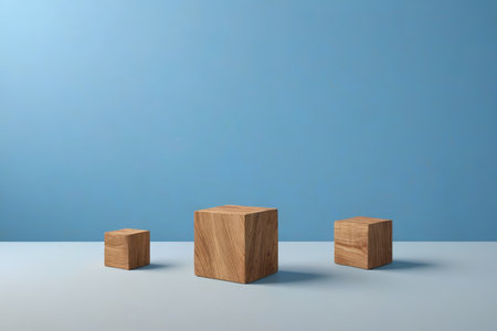Wooden cube on blue backgroundの素材