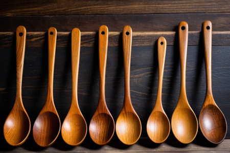 Wooden spoons were neatly arranged.の素材