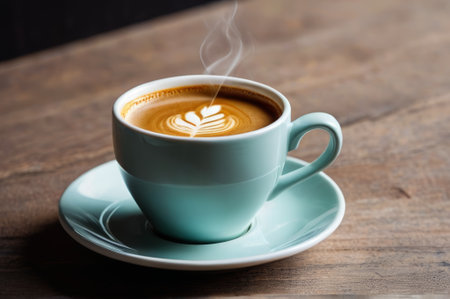 Close up of latte on wooden tableの素材