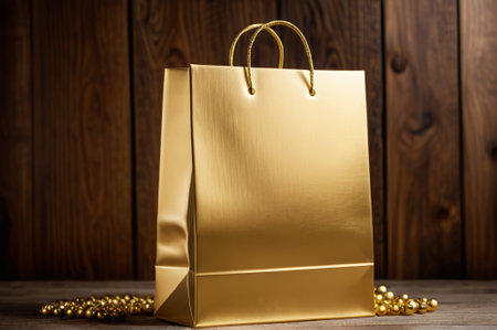 Gold Gift Bag Wood Background Close upの素材