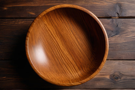Close up of wooden bowl on dark wooden tableの素材