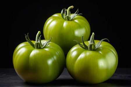 Close up of three green tomatoesの素材