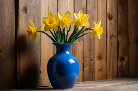 Yellow flowers in a blue vaseの素材