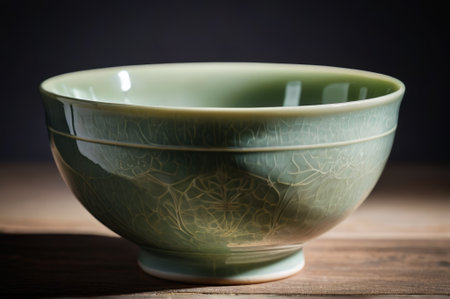 Close up of green patterned porcelain bowlの素材