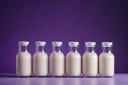 Bottled milk display on purple backgroundの素材