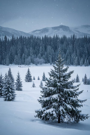 Pine landscape in snow covered forestの素材