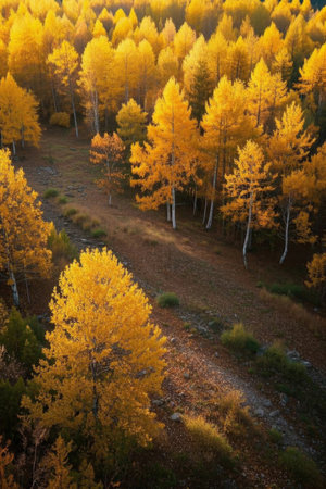 Overlooking the golden trees of the autumn forestの素材