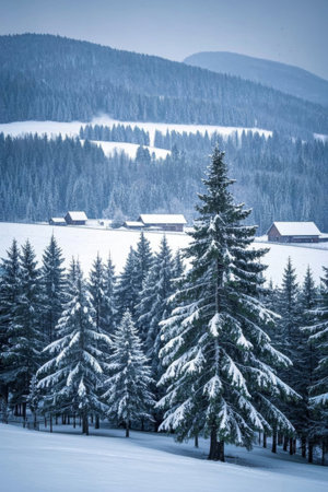 Winter snow covered forest and mountain cabin landscapeの素材