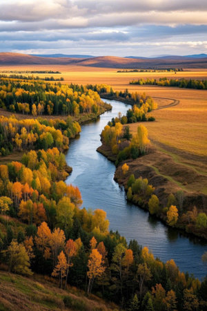 Autumn wilderness river and forest sceneryの素材