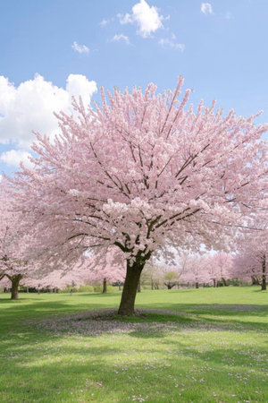 Pink cherry trees in bloom in the parkの素材