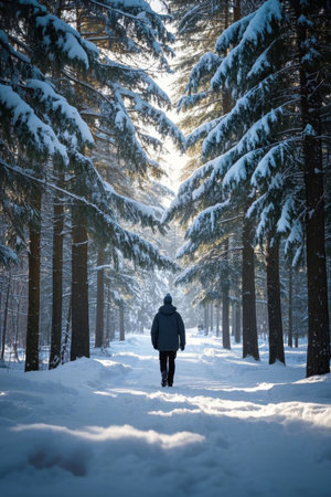 People walking alone in the snow covered forestの素材