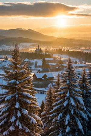 Panoramic view of sunrise over Xuehoushan Villageの素材
