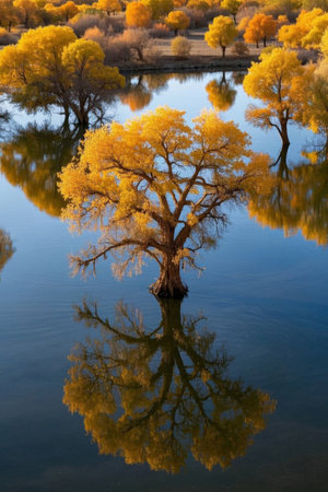 The natural scenery of the golden poplar forest by the waterの素材